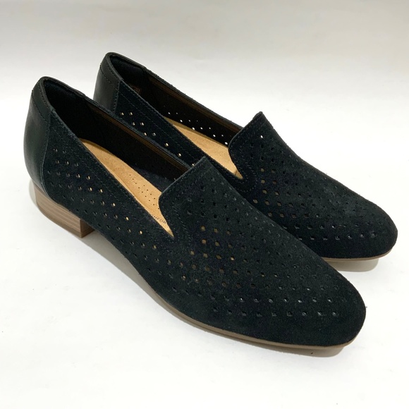 Clarks Juliet Hayes Womens Perforated Black Suede Loafers block heel flat shoes - Picture 4 of 7